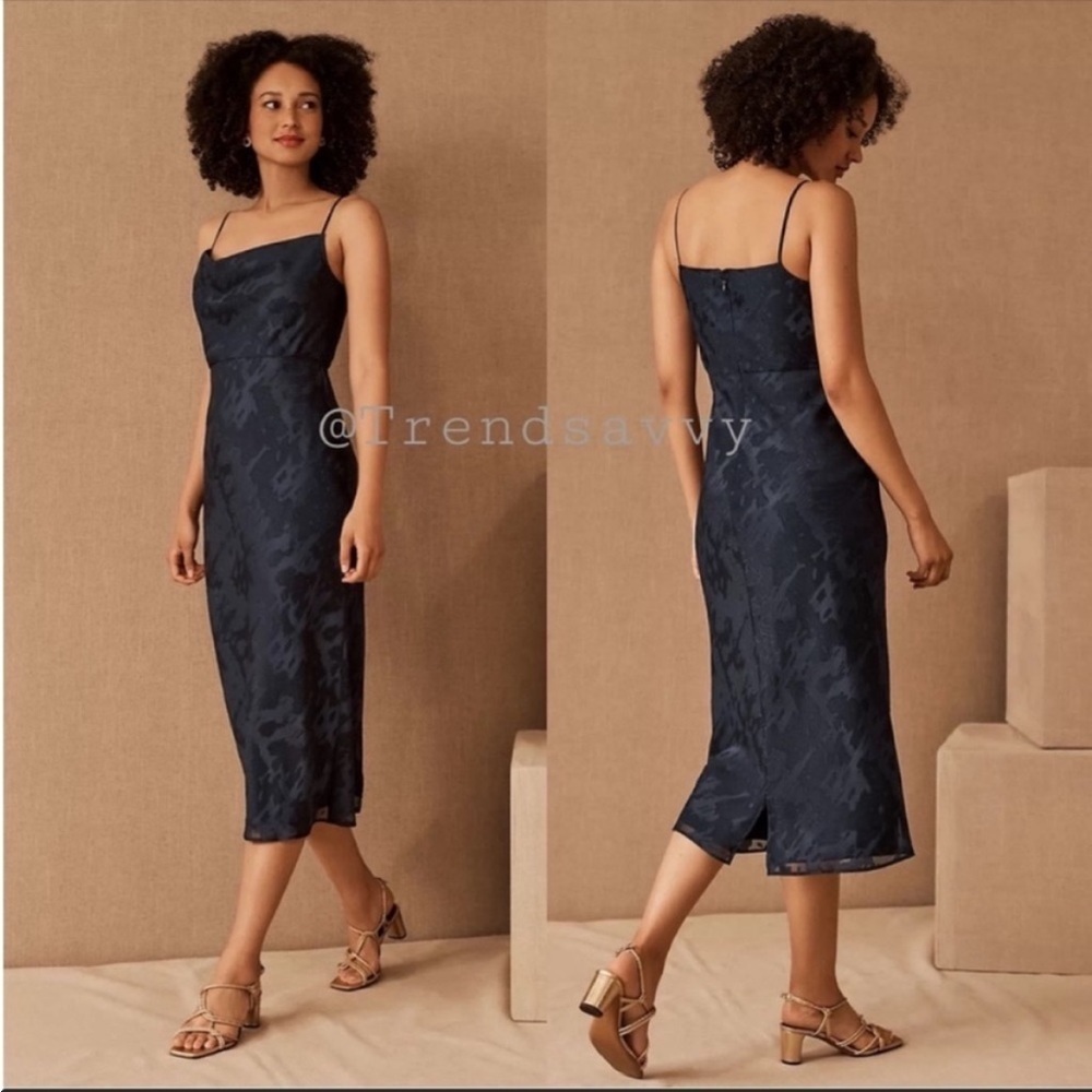 Anthropologie BHLDN Navy Cowl Neck Midi Dress Spaghetti Strap Bridesmaid 8 NWT
